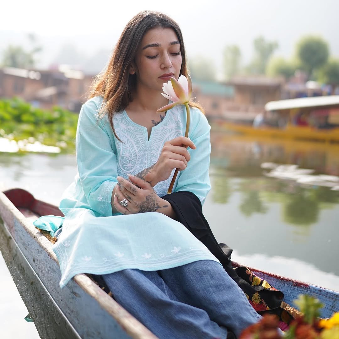 Kashmiri Aari Long Kurti - Ice Blue