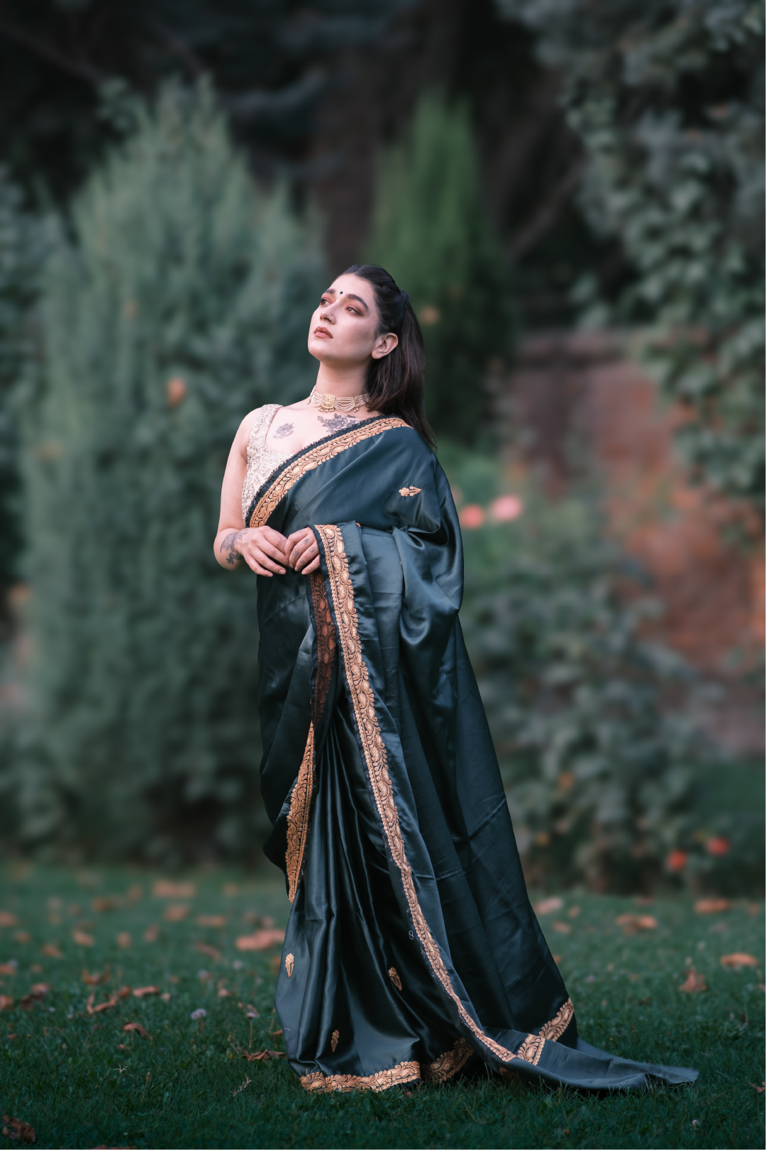 Forest Green Kashmiri Heritage Tilla - Satin Saree