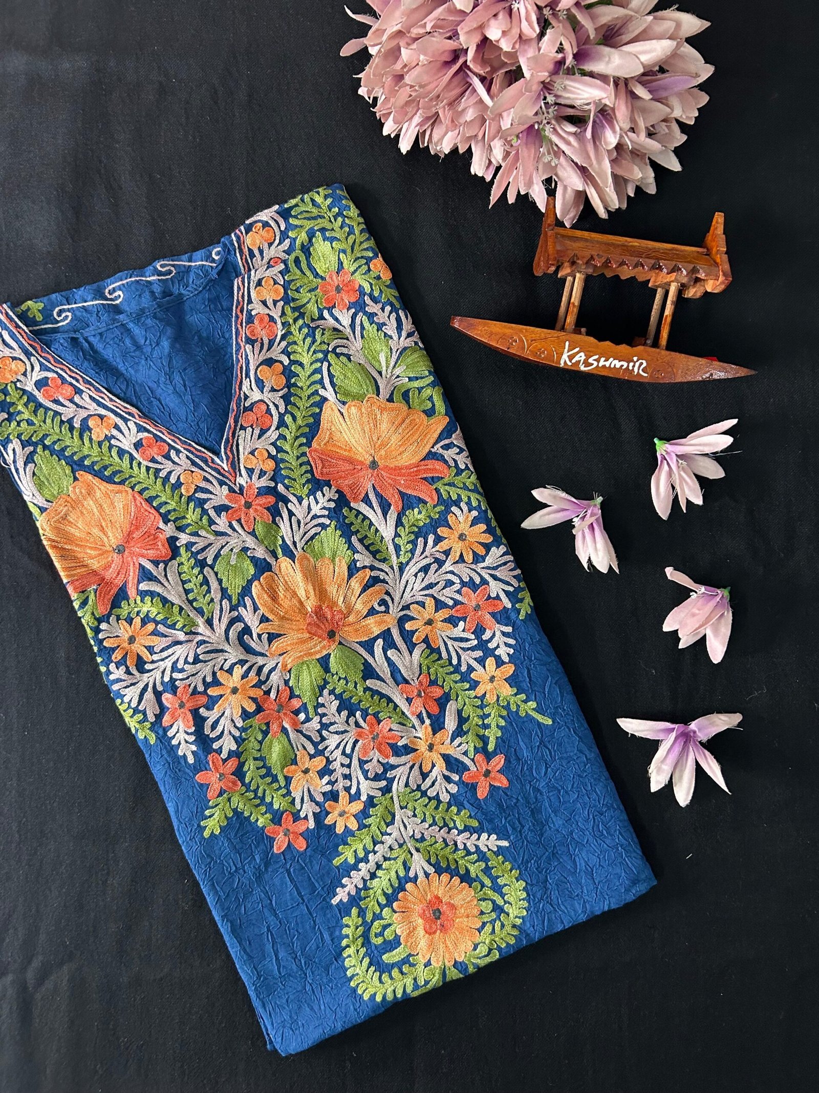 Kashmiri Crushed Cotton Kaftans - Navy Blue
