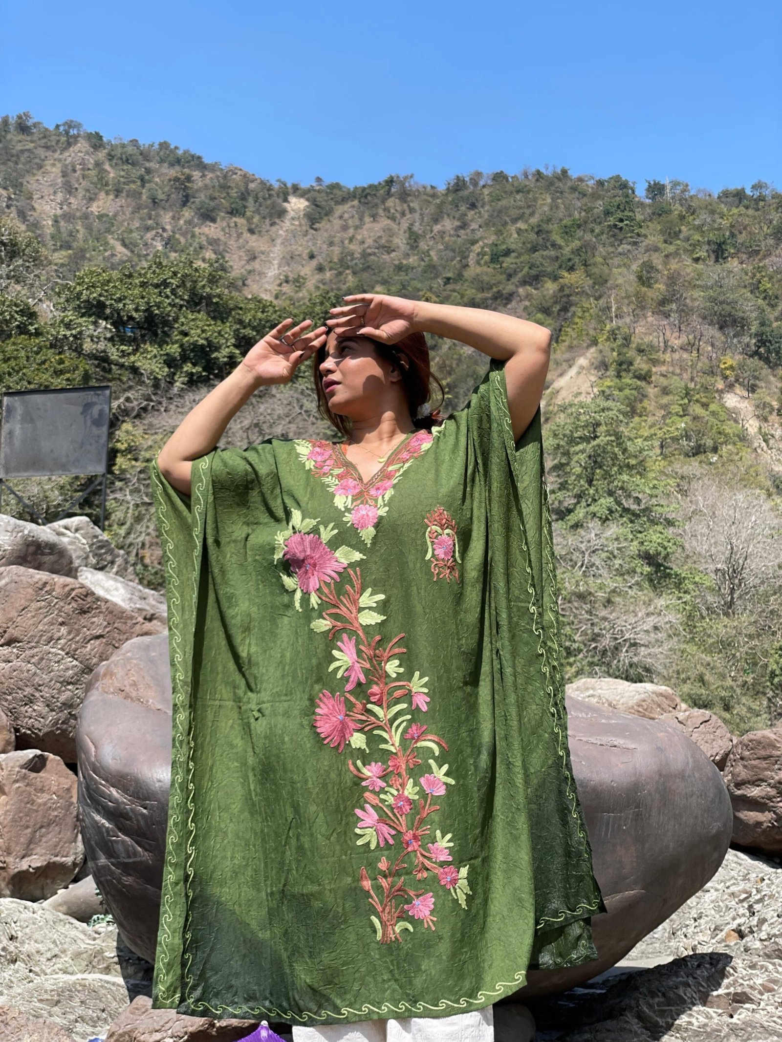 Kashmiri Crushed Cotton Kaftans - Olive Green