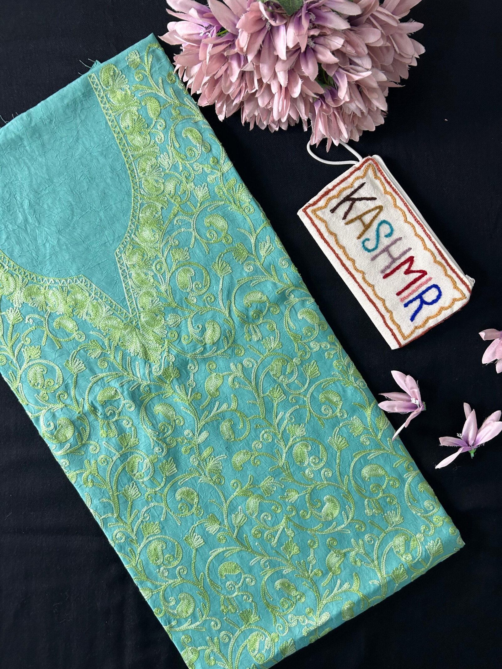 Crushed Cotton Unstitched Suit Set - Turquoise Green