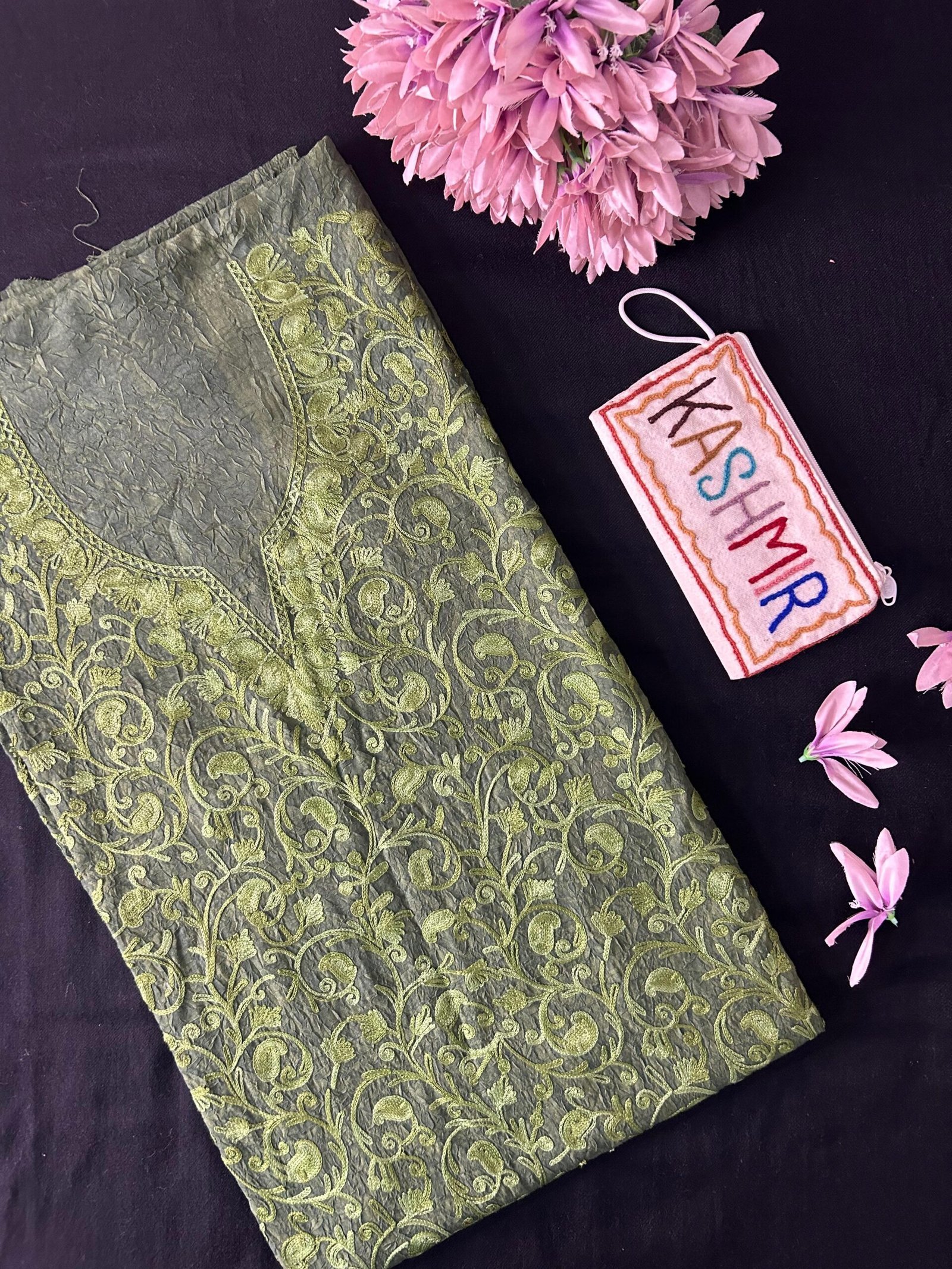 Crushed Cotton Unstitched Suit Set - Olive Green