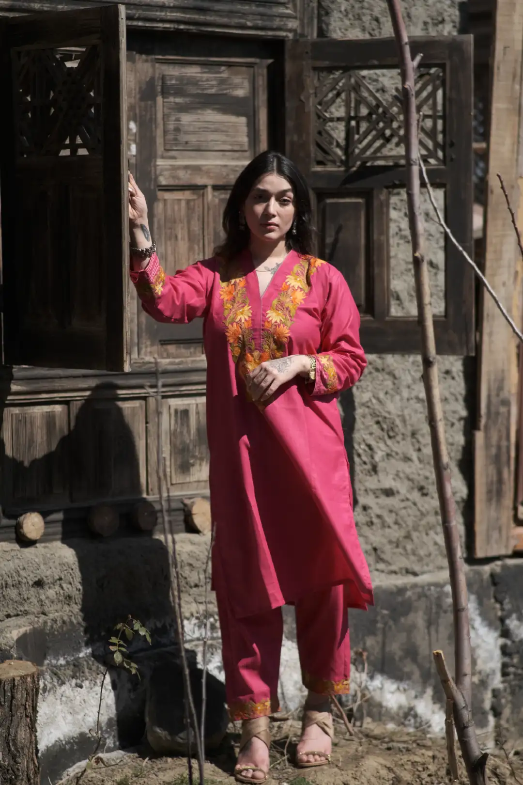 Kashmiri Aari Co-ord Set - Magenta Pink