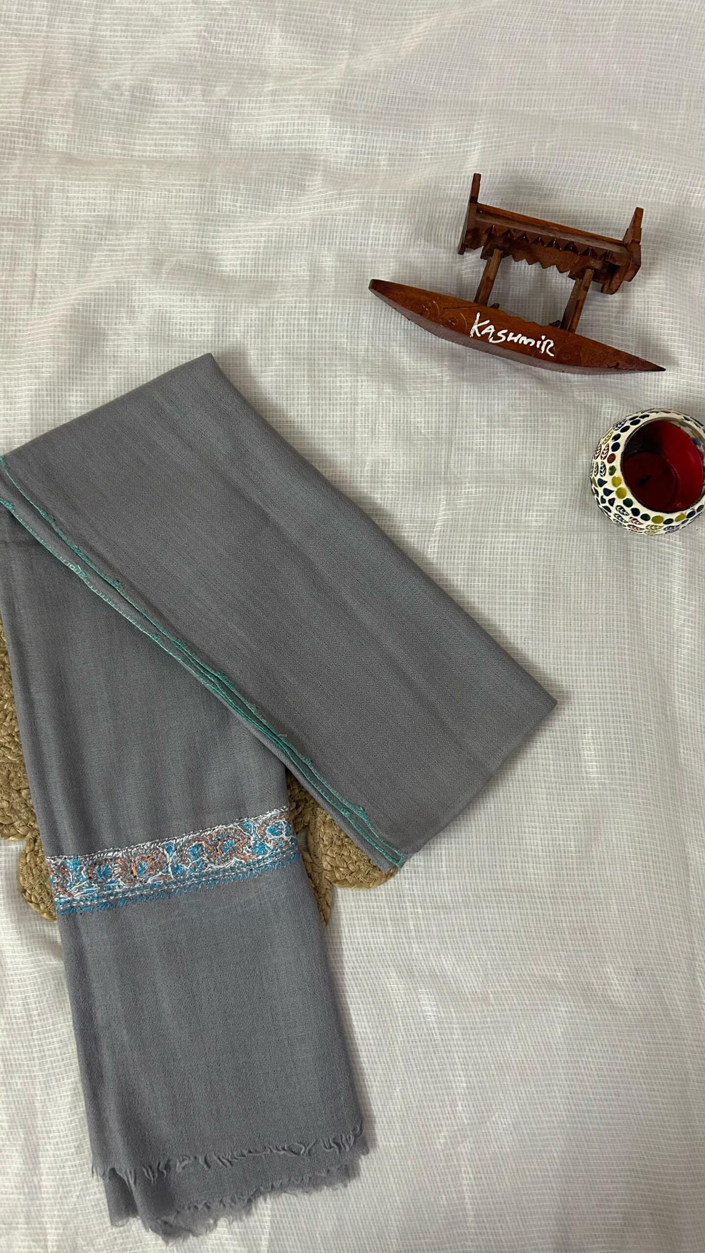 Semi Pashmina Wool Stole with Hand-Embroidered Sozni