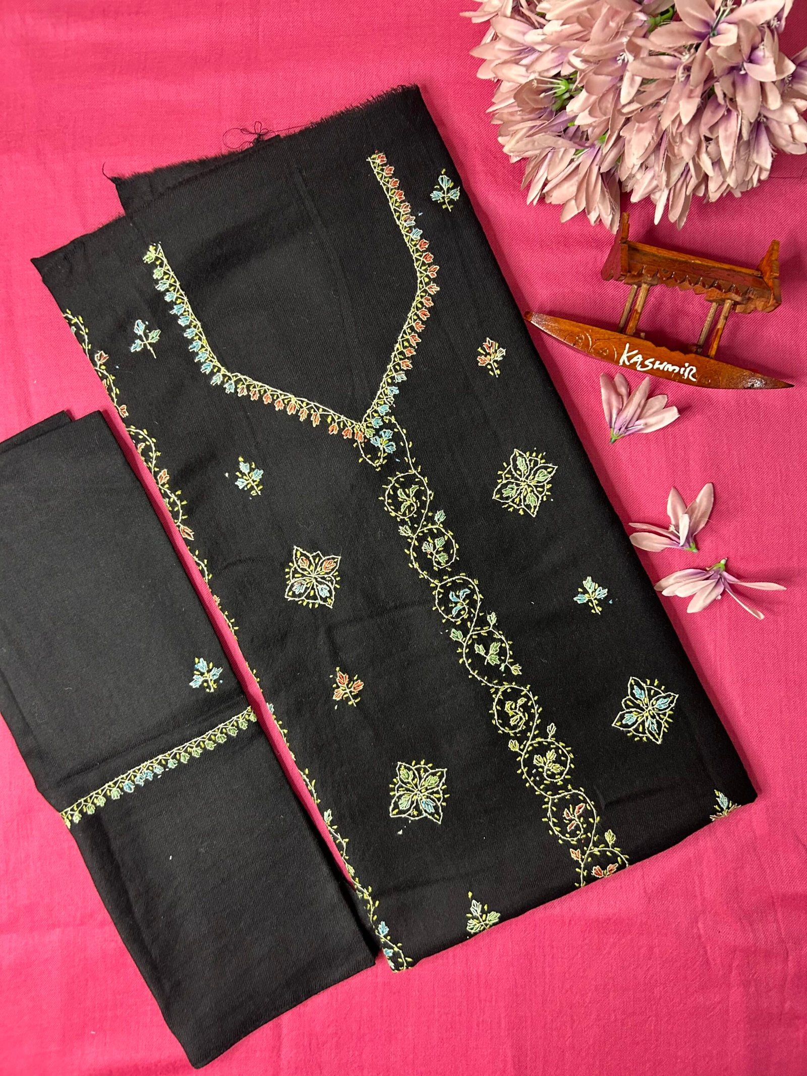 Pure Wool Kashmiri Sozni Hand-Embroidered Unstitched Suit Set