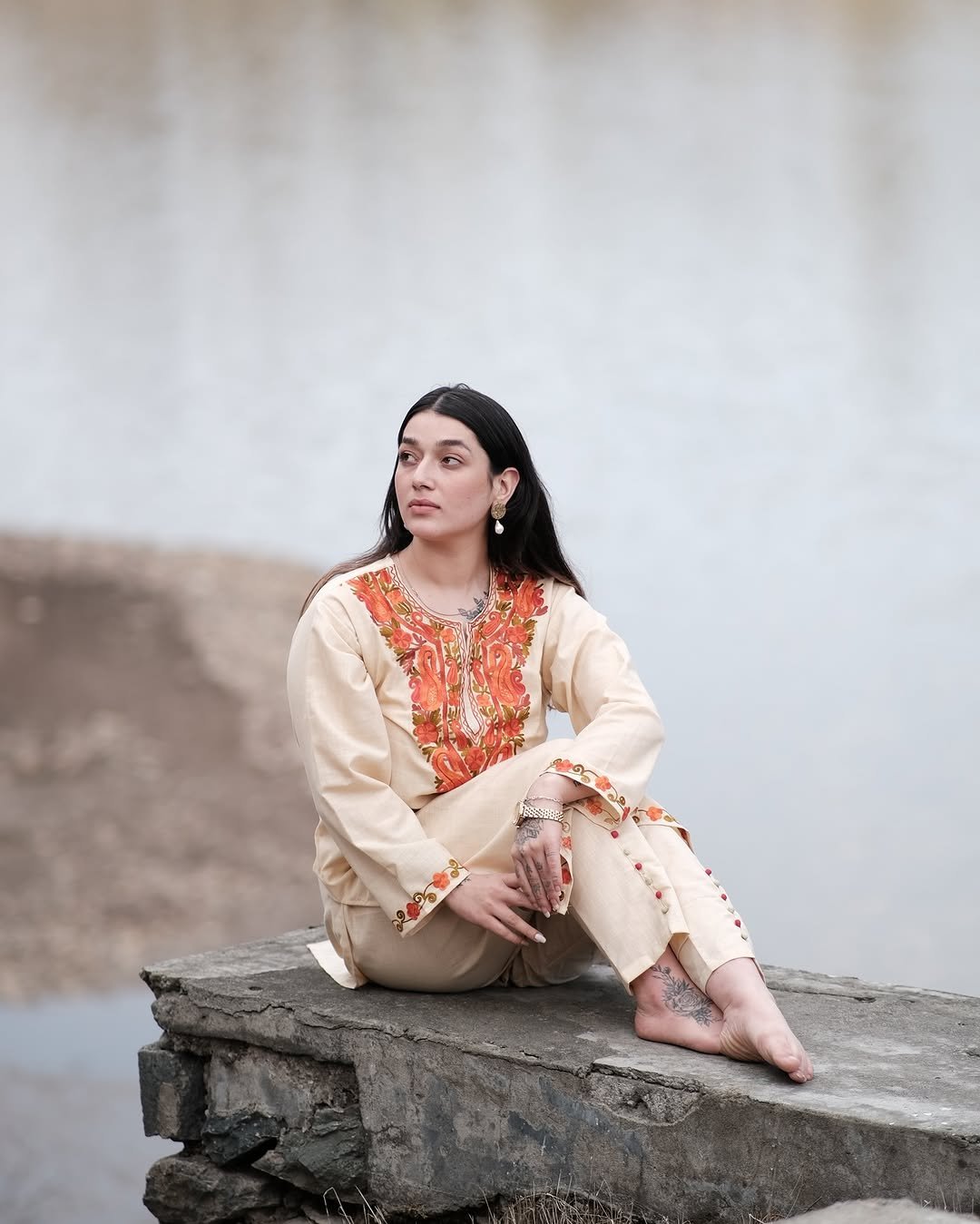 Kashmiri Aari Co-ord Set - Beige