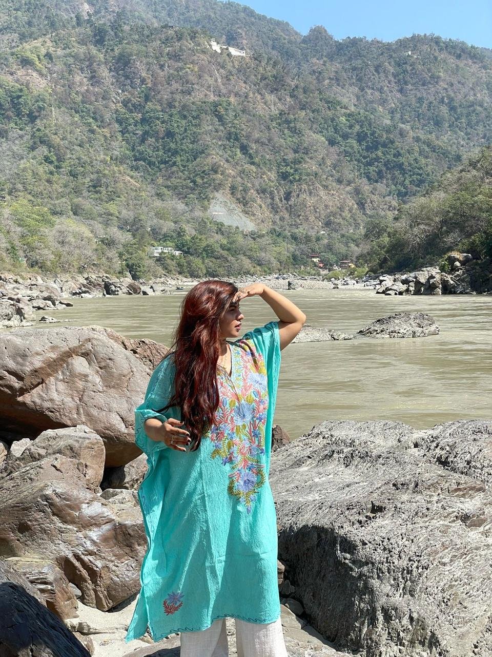 Kashmiri Crushed Cotton Kaftans - Sky Blue