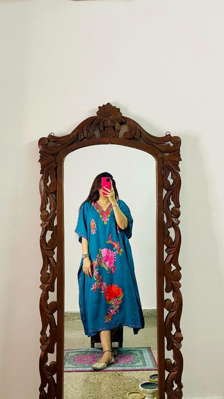 Kashmiri Crushed Cotton Kaftans - Teal