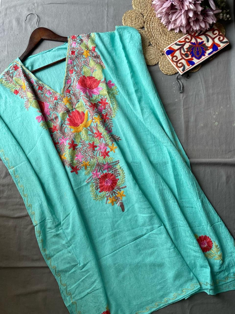 Kashmiri Crushed Cotton Kaftans - Sky Blue