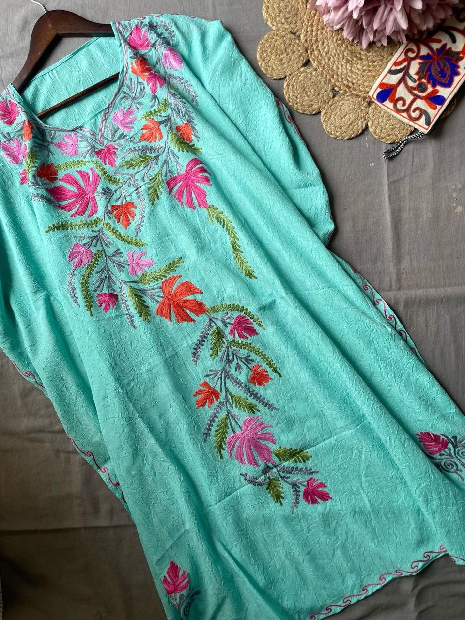 Kashmiri Crushed Cotton Kaftans - Sky Blue