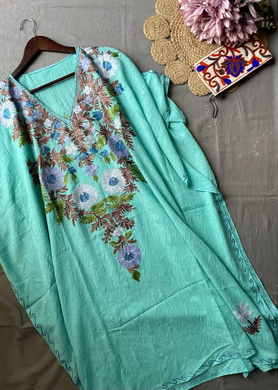 Kashmiri Crushed Cotton Kaftans - Sky Blue