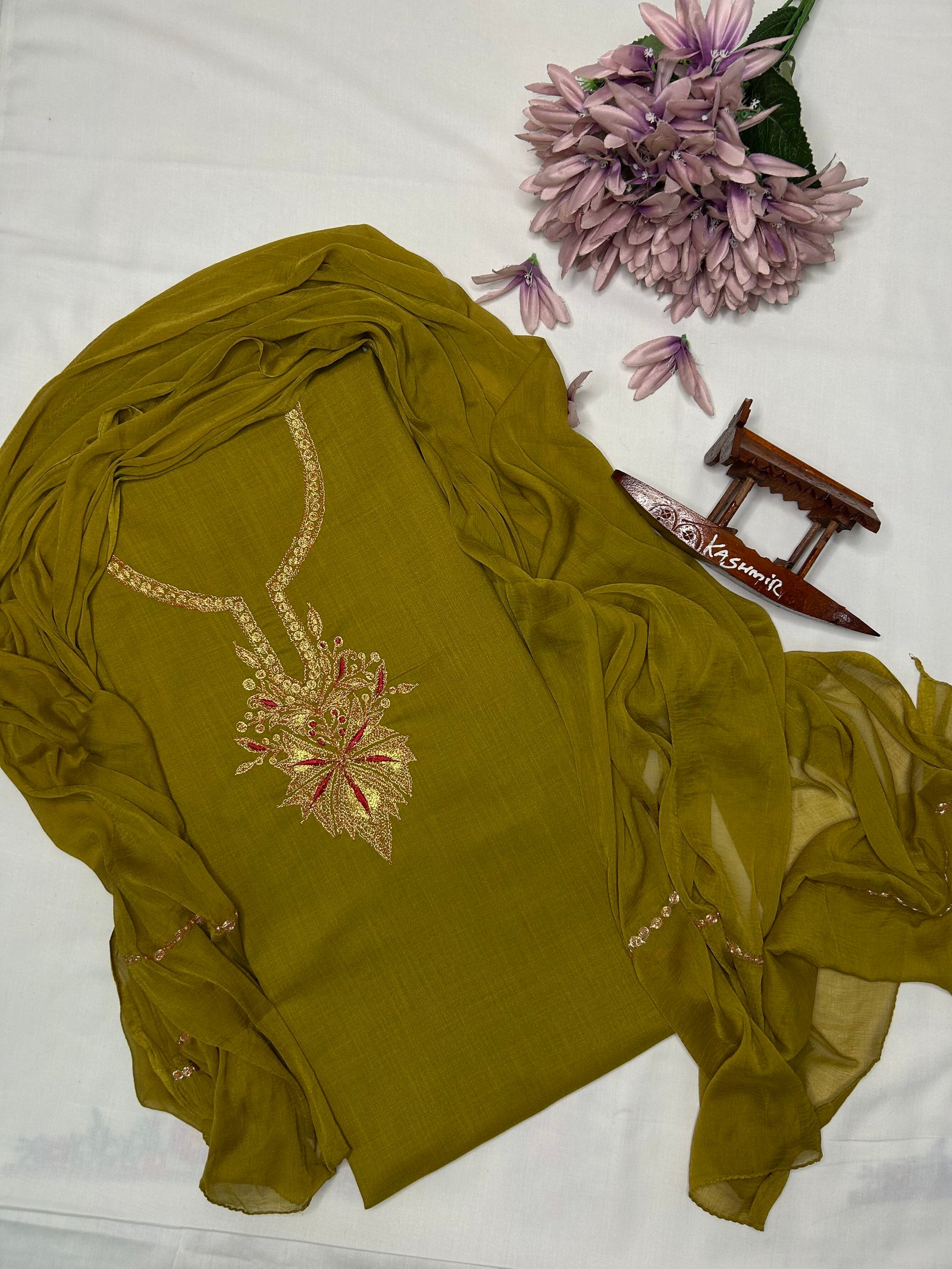 Soft Summer Cotton Unstitched Suit, Embroidered with Kashmiri Tilla Work – 3pc Set