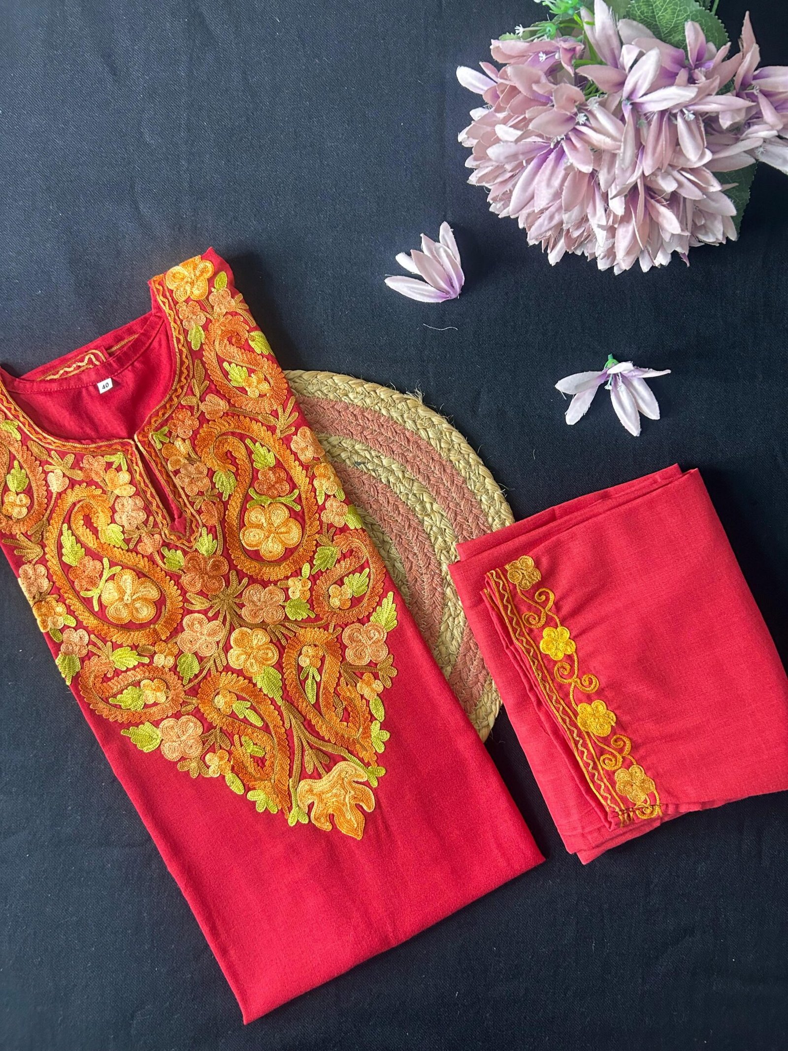 Kashmiri Cotton Coord Set - Red