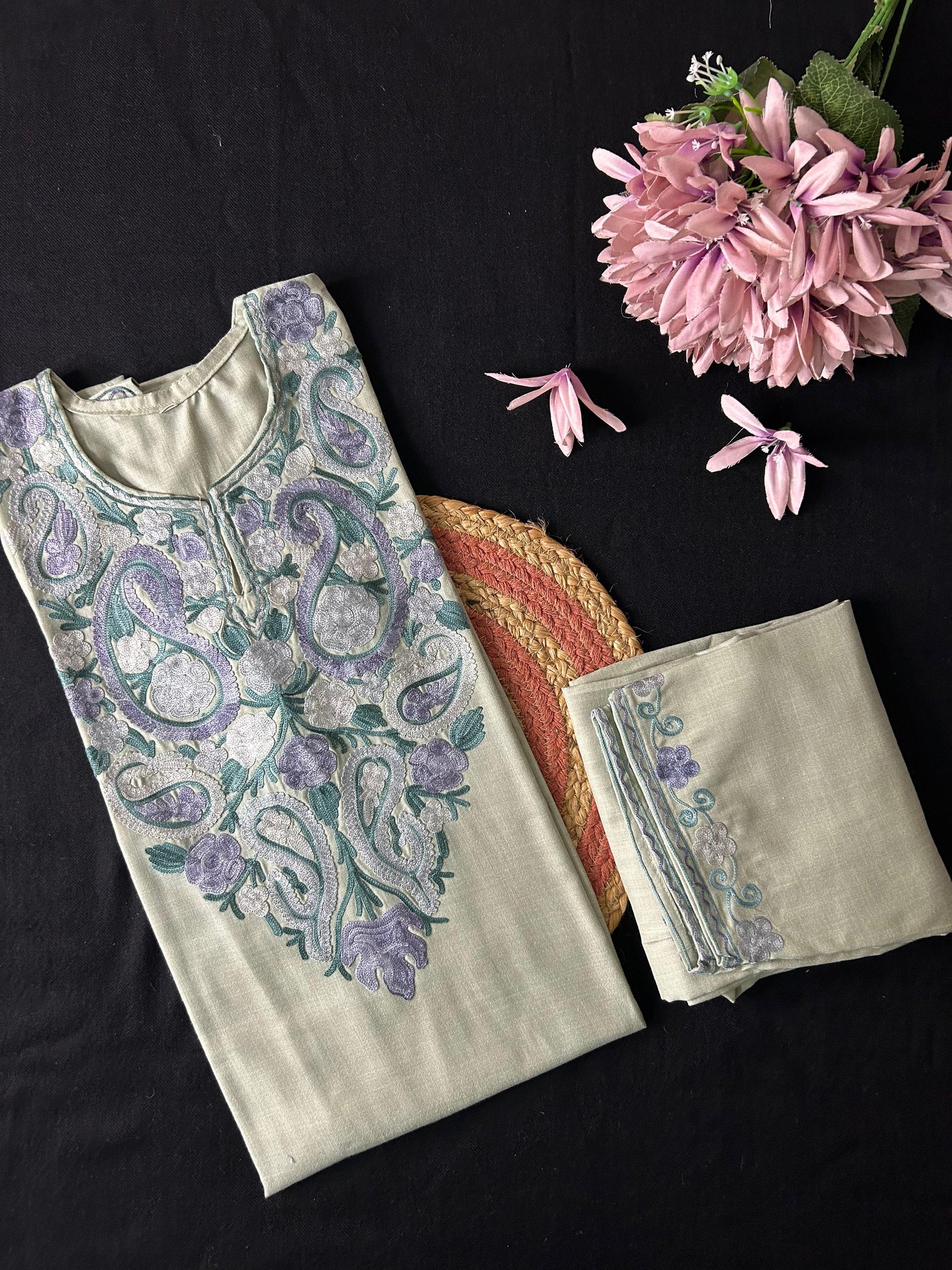 Kashmiri Cotton Coord Set - Sage Grey