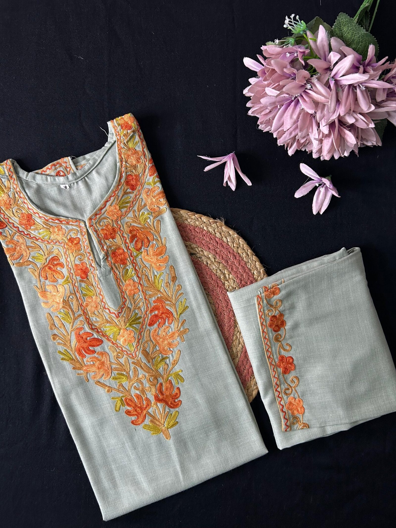 Kashmiri Cotton Coord Set - Sage Grey