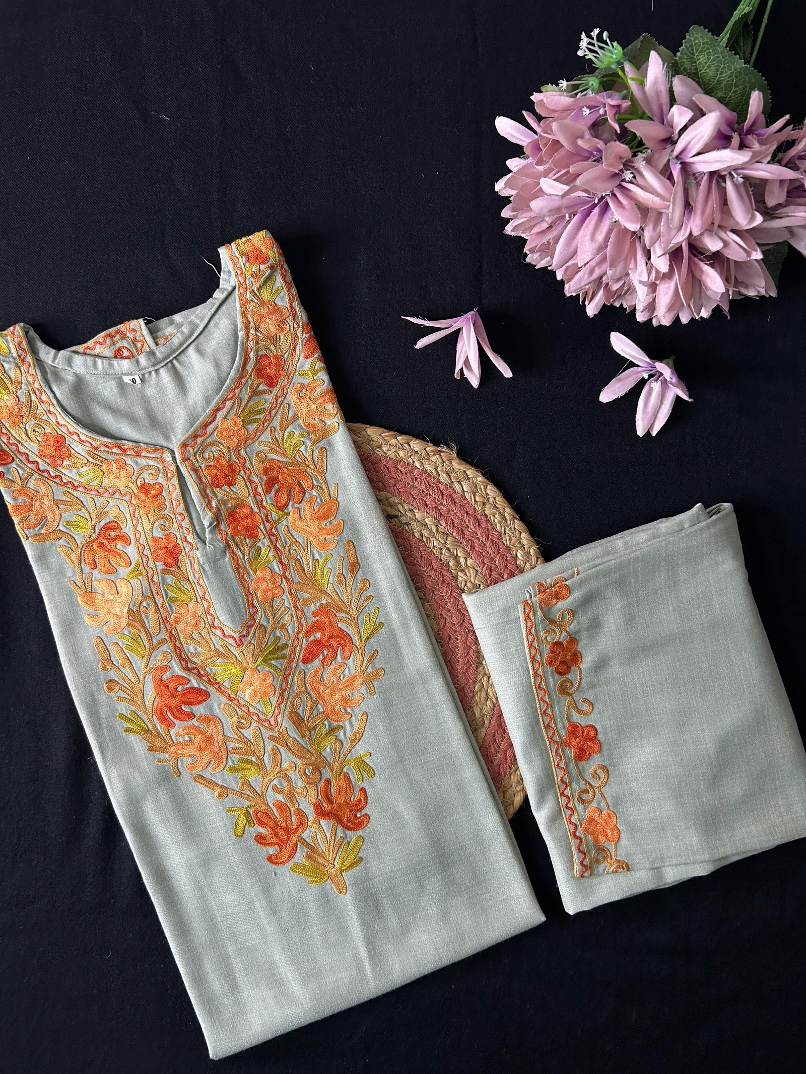Kashmiri Cotton Coord Set - Sage Grey