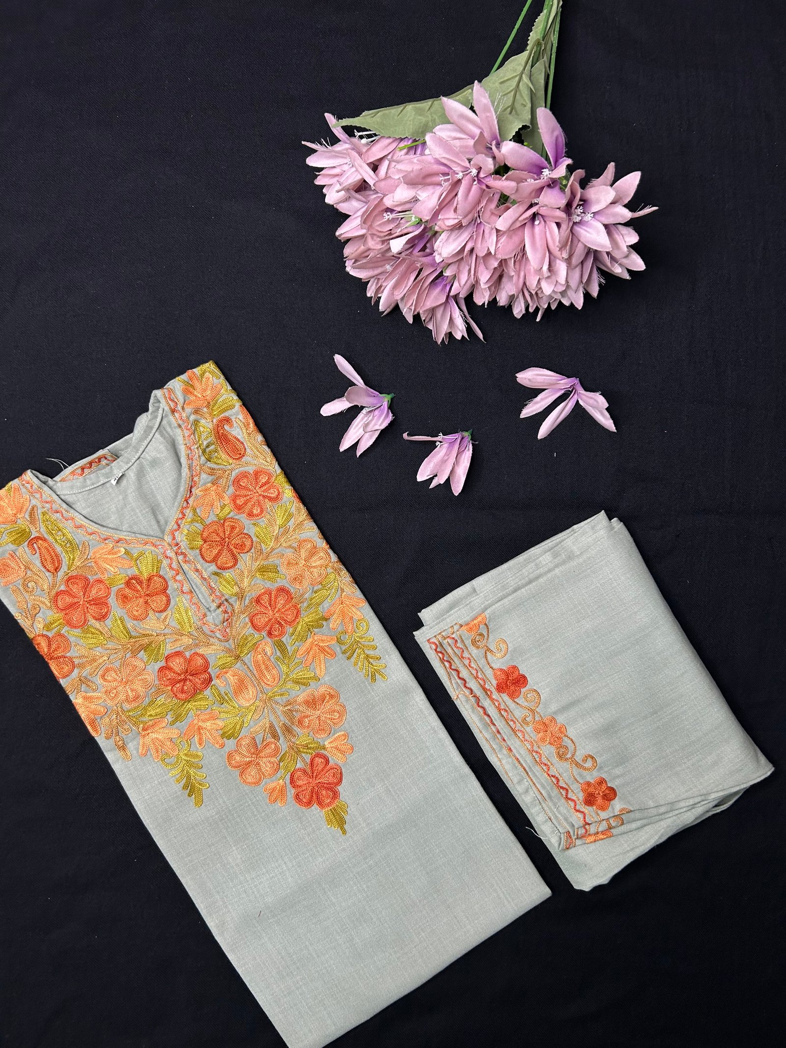 Kashmiri Cotton Coord Set - Sage Grey