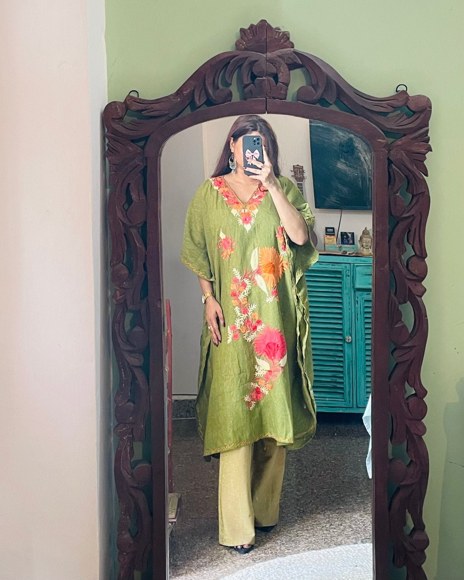 Crushed Cotton Kashmiri Kaftan - Olive
