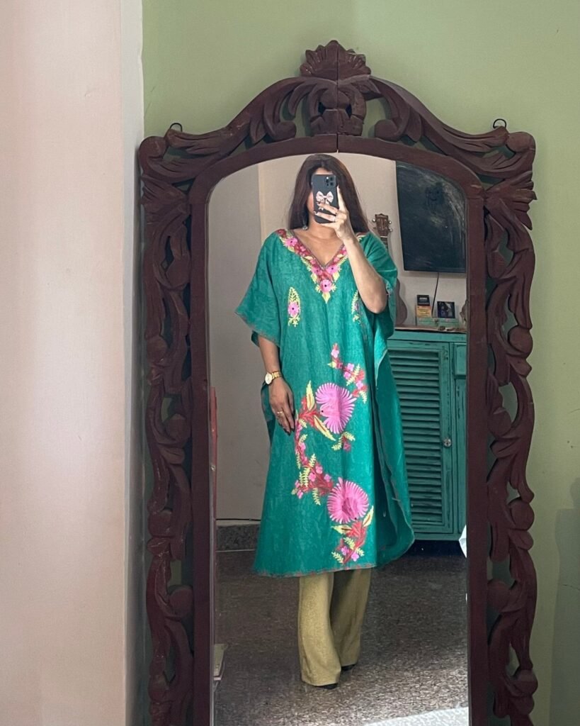 Crushed Cotton Kashmiri Kaftan - Sea Green