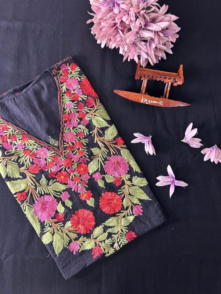 Crushed Cotton Kashmiri Kaftan - Black